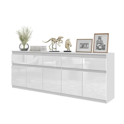 Immagine prodotto di Cassettiera NOAH Bianco Opaco / Bianco Lucido – Grande Cassettiera per Camera da Letto con 5 Cassetti e 5 Ante, Set di Mobili L200 x H75 x P35 cm