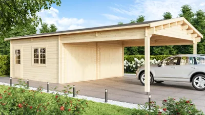 Produktbild von Fjordholz Doppelgarage aus Holz mit Carport Modell Erki 44
