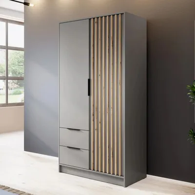 Obrázok produktu pre Šatníková skriňa Stilo sivá matná s lamelami - 105 cm, 2 dvere, 2 zásuvky, univerzálna