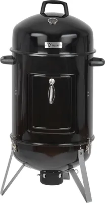 A black smoker grill is shown against a white background.