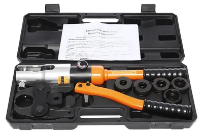 Obrázek produktu pro Hydraulický lis na měděné trubky – 10 tun, kleště – sada matic M12-M28 – pro instalatérské práce a montáž potrubí – s transportním kufrem – oranžová barva