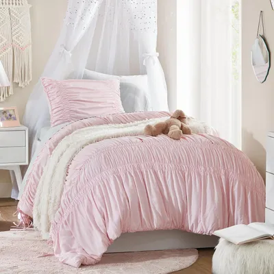 Immagine prodotto di Set di lenzuola in seersucker, 135x200 cm, 4 pezzi, rosa a righe, stile shabby chic