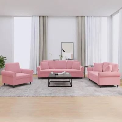 Zdjęcie produktu dla vidaXL 3-częściowa sofa z poduszkami różowy aksamit
