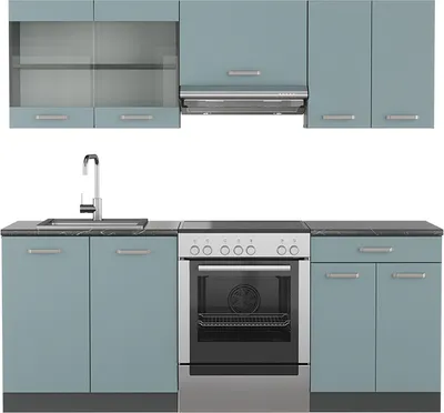 Produktbild von Vicco Küchenzeile R-Line, 200 cm ohne Arbeitsplatte, Blau-Grau/Anthrazit