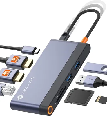 Produktbild von NOVOO USB-C Docking Station 4K@60Hz Dual HDMI 8-in-1 USB-C Hub Adapter mit Dual HDMI, PD 100W, 1x Gbps Ethernet, 2x USB 3.0, SD&TF
