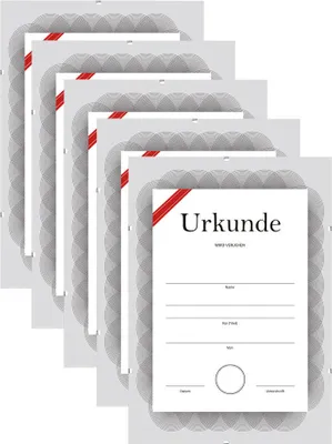 A stack of certificate frames with a single frame in focus showing the text 'Urkunde'.