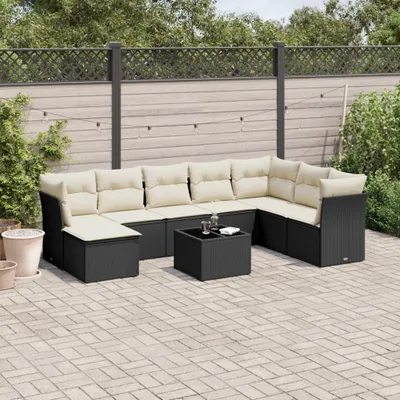 Produktbild von Design 9-tlg. Garten-Sofagarnitur mit Kissen Schwarz Poly Rattan, Gartenmöbel-Sets 2024 Neu