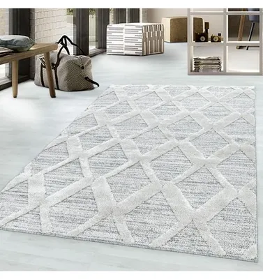 Produktbild von TapisTrend Zotteliger Teppich Grau 160 cm rund Grauer und cremefarbener geometrischer mit großen, erhabenen Rauten, 20 mm Florhöhe, moderner Stil für Wohn