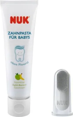 A tube of baby toothpaste and a finger toothbrush are shown against a white background.