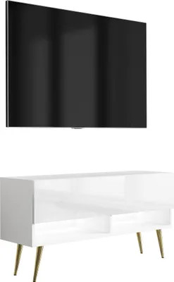 Produktbild von TV-Lowboard 100 cm Mattweiß / Hochglanzweiß, goldene schräge Beine, weiße LED, 100 × 32 × 52 cm