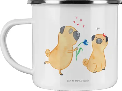 Produktbild von Mr. & Mrs. Panda Pott Mops Verliebt - Weiß - Geschenk, Haferl, Emaille Tasse, Hund, Liebe, Knuffig, Blechtasse, Becher, Sprüche, Teetasse