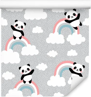 Produktbild von 10m VLIES TAPETE Rolle Kinderzimmer Pandas Himmel Wolken Regenbogen XXL