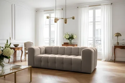 Produktbild von Sofa Designersofa SOLVIE 3-Sitzer in Stoff Tiffani Taupe