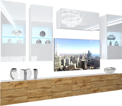 Produktbild von BELINI Wohnwand Vollausstattung Wohnzimmer-Set Moderne Schrankwand mit LED-Beleuchtung Weiß Glänzend Anbauwand TV-Schrank Weiß / Eiche Wotan Glänzend/Matt