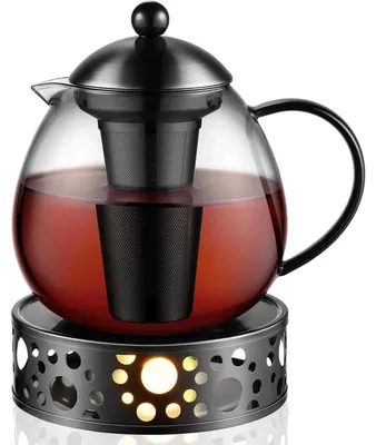 Produktbild von Teekanne mit Stövchen 1500ml Teebereiter Glas Edelstahl Teewärmer Schwarz