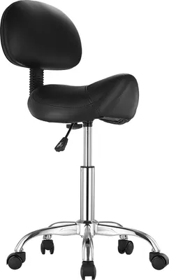 A black saddle stool with a backrest and a chrome base with wheels, shown against a white background.