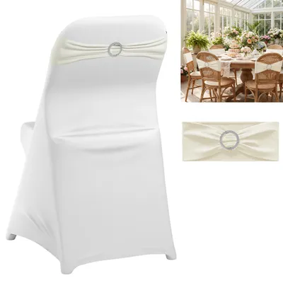 Zdjęcie produktu dla XMTECH Elastyczne satynowe wstążki do krzeseł, 14x34 cm, z brokatem, poliestrowe, rozciągliwe, do dekoracji na wesele, 10 sztuk, kolor kremowy