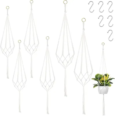Imagen del producto de Juego de 6 macetas colgantes de macramé, de 60 cm a 100 cm, hechas de cuerda de algodón natural, para uso en interiores y exteriores