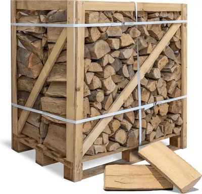 A wooden crate filled with firewood, with two pieces of firewood in the foreground.