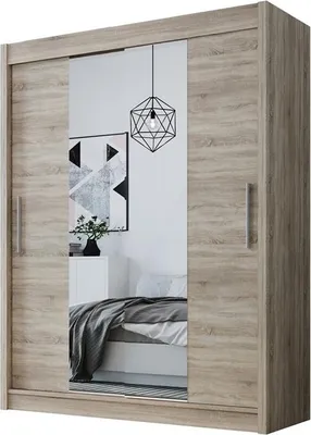 Produktbild von Easy4You D2 150 cm Trüffel Schiebetüren Kleiderschrank 150x200x58 cm mit Spiegel - Schlafzimmermöbel, Aufbewahrung - Mehrzweckschrank