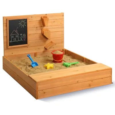 Image de Bac à sable en bois FCH avec auvent, 119 x 101 x 76 cm, avec tableau et toboggans – Bac à sable en bois pour enfants, pour le jardin