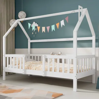 Produktbild von Kinderbett mit Rollrost, 90x200 cm, Hausbett aus Kieferholz, Einzelbett inkl. Rausfallschutz, mit Zaun