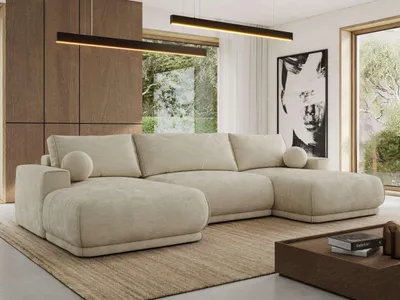 Produktbild von MKS MEBLE Ecksofa XXL Wohnlandschaft RINA U-Form Ecksofa mit Schlaffunktion & Wellenfederung, DL-Schlaffunktion - Beige Schenille glatt