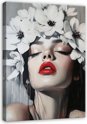 Produktbild von Bilder Abstrakt Frau Lippen Blumen - 100x70 cm - Leinwandbild - Wandbilder XXL - Wanddekoration - Leinwandbilder Wohnzimmer Schlafzimmer Flur