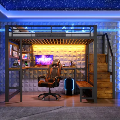 Produktbild von Flieks Etagenbett 140x200cm mit Schreibtisch und Lochwand, Hochbett Kinderbett mit Usb und Type-c, Jugendbett Metallbett mit Led, Doppelbett Schwarz