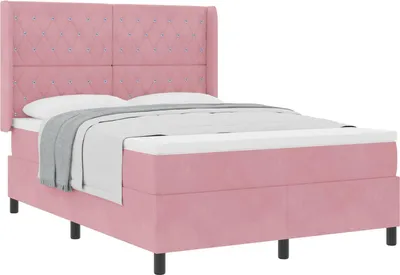 Imagen del producto de Cama con somier y colchón, con cabecero, color rosa, 140 x 200 cm, tapizada en terciopelo
