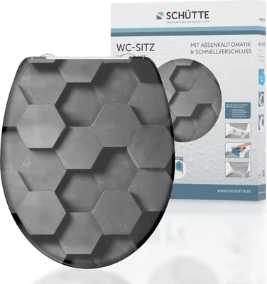 Immagine prodotto di Sedile WC SCHÜTTE GREY HEXAGONS, sedile WC in duroplast con meccanismo di chiusura morbida e chiusura rapida Motivo della stampa