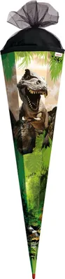 Produktbild von ROTH Schultüte groß Tyrannosaurus 100 cm eckig Rot(h)-Spitze Tüllverschluss Zuckertüte Schulanfang
