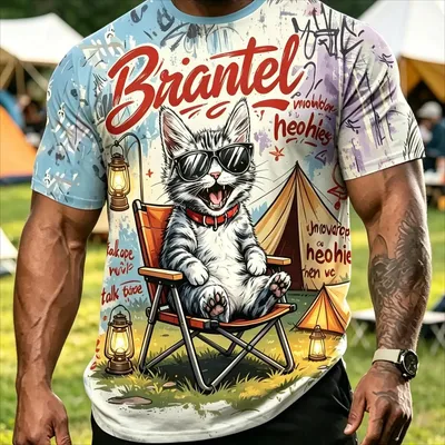 Produktbild von Herren T-Shirt Übergröße, Kurzarmshirt aus Polyester mit Katzen Print, bequemes Sommer Shirt für Freizeit und Alltag 4XL