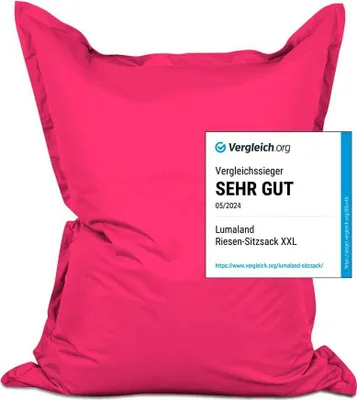 A large pink beanbag chair is shown against a white background. A promotional overlay with text is present on the right side of the image.