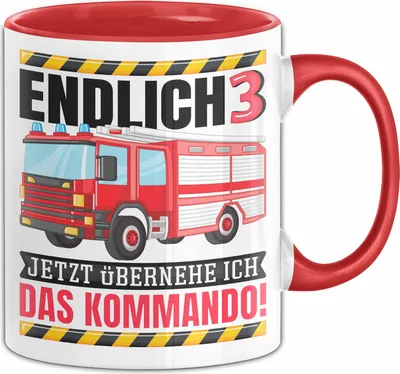 Produktbild von 3. Geburtstag Geschenk Tasse Becher Feuerwehr Fan Jungs Jetzt Übernehme Ich Das Kommando Endlich 3 (Rot)