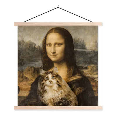 Produktbild von MuchoWow® Textilposter Mona Lisa - Katze - Leonardo da Vinci - Vintage - Kunstwerk - Alte Meister - Gemälde 120x120 cm mit holzfarbenen Rahmen - Textil-Poster