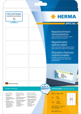 Obrázok produktu pre HERMA Special - papier - matný - samolepiaci, polohovateľný - biely - 63,5 x 38,1 mm 525 štítkov (25 listov x 21)