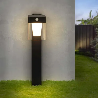 Produktbild von Ledvion - LED-Solar-Stehleuchte Außenbereich + Bewegungssensor Quadratisch, Schwarz, IP44, 0,5W, 3000K, Dämmerungsschalter, Energieeffizient