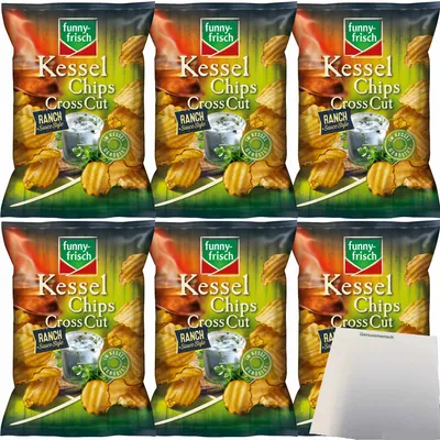Produktbild von funny-frisch Kesselchips Cross Cut Ranch Sauce Style Kartoffelchips 6er Pack (6x120g Packung) + usy Block