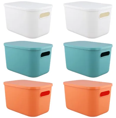 Image de Boîtes de rangement avec couvercle - Panier de rangement empilable en plastique - 6 pièces - 25 x 18 x 16 cm - Blanc/Vert/Orange - Matériau PP
