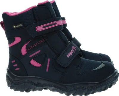 A pair of navy and pink children's winter boots.