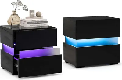 Produktbild von Nachttische/Nachtkommoden - Set mit 2 - LED-Beleuchtung - Hochglanz - 2 Schubladen - 45×35×45 cm - Schwarz