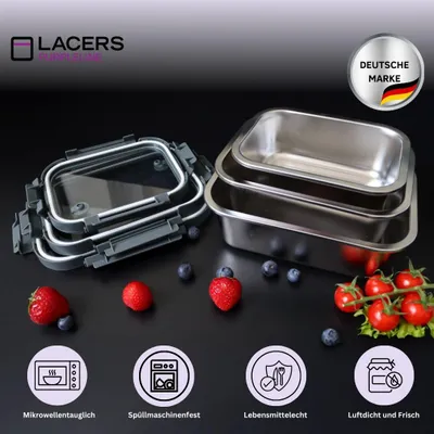Produktbild von Lacers Purpleline Frischhaltedosen/ Lunchbox im Set aus Edelstahl mit Glasdeckel, 6-teilig, 800 ml, 1250 ml, 1800 ml - Vorratsdosen für die Küche
