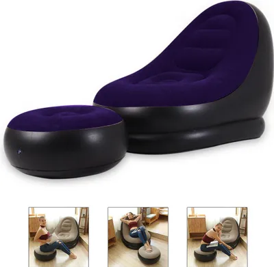 Produktbild von Aufblasbares Samt-Sofa mit Fußhocker, Tiefblau - Dickes Luftsofa & Relaxsessel