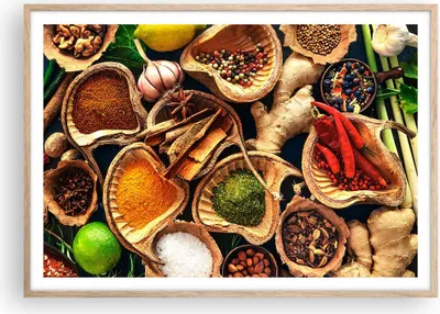 Produktbild von Gerahmtes Poster - Rahmen in heller Eiche - Küche Essen Kräuter Gewürze - 100x70 cm - Wand Bild - Wanddeko - Wandbilder - Wandposter - Bilderrahmen - Bilder - Kunstdruck - Wandbild - P2NAA100x70-2844