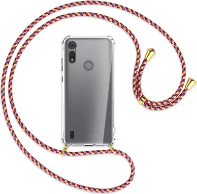 Produktbild von Handykette Backcover-Schutzhülle mit Band (Metall goldfarben) für Motorola Moto E6s - weinrot/gelb/grau