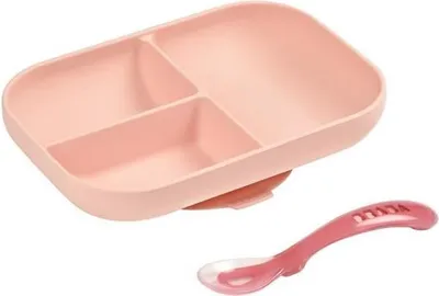 Produktbild von BEABA Baby Geschirr Set, Silikon, mit Saugnapf, Anti-Rutsch, Unterteiltes Teller + Löffel, Sicher und Langlebig, Rosa