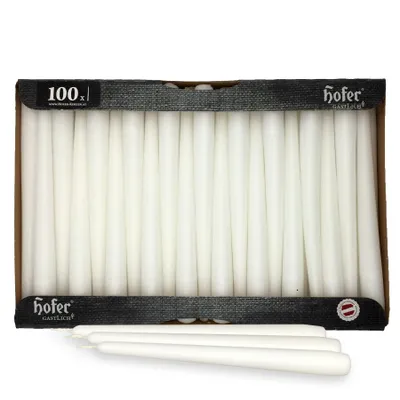 Obrázok produktu pre Hofer Kužeľové sviečky - biele - 2,3 x 25 cm - sada 100 ks paličkových sviečok - dlhá doba horenia 7 hodín - neparfumované stolové sviečky