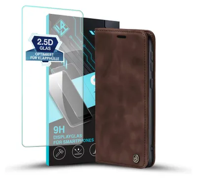 Produktbild von Handy Hülle für Samsung Galaxy A52 / A52 5G / A52s 5G mit 9H Displayglas Klapphülle Bookcase Flip Cover Handy Tasche Etui Farbe: Dunkelbraun
