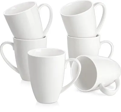 Zdjęcie produktu dla Zestaw 6 porcelanowych kubków do kawy, 560 ml, duże, nowoczesne, z uchwytem, białe, nadające się do mycia w zmywarce i do mikrofalówki